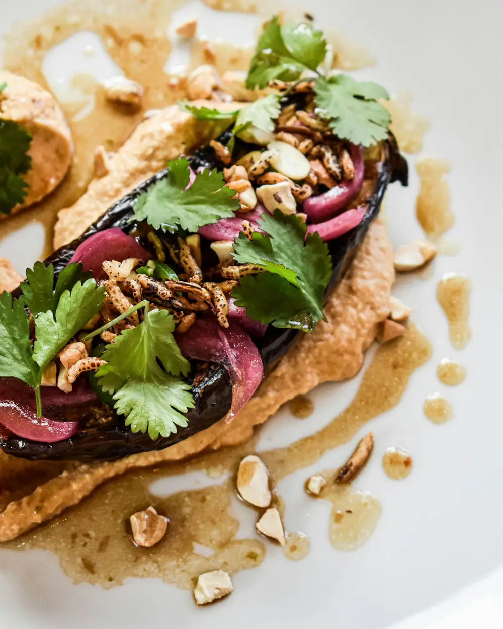 Geschmorte Aubergine mit roten Zwiebeln und frischem Koriander auf Fladenbrot.